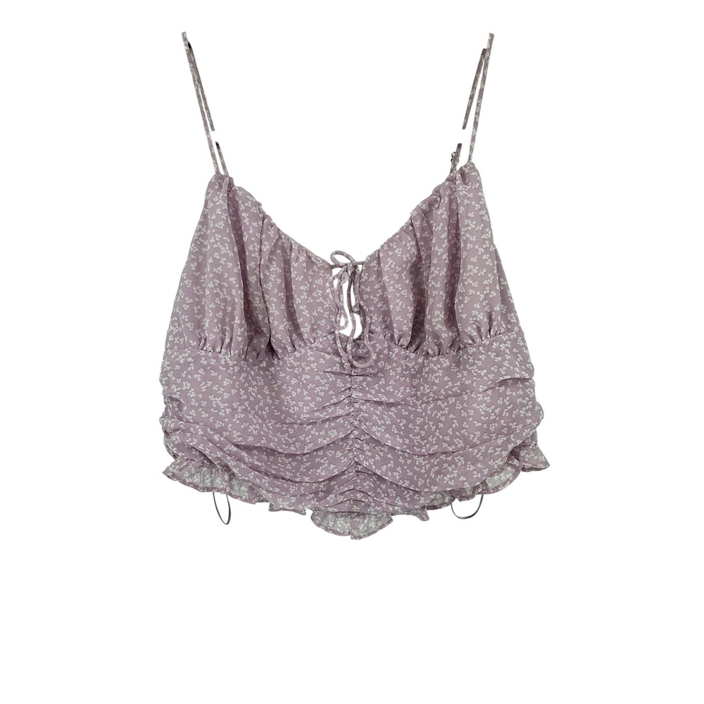 NWT Mahina Lilac Floral Chiffon Ruffle Trim Crop Top Cami Babydoll Y2K L Zipper